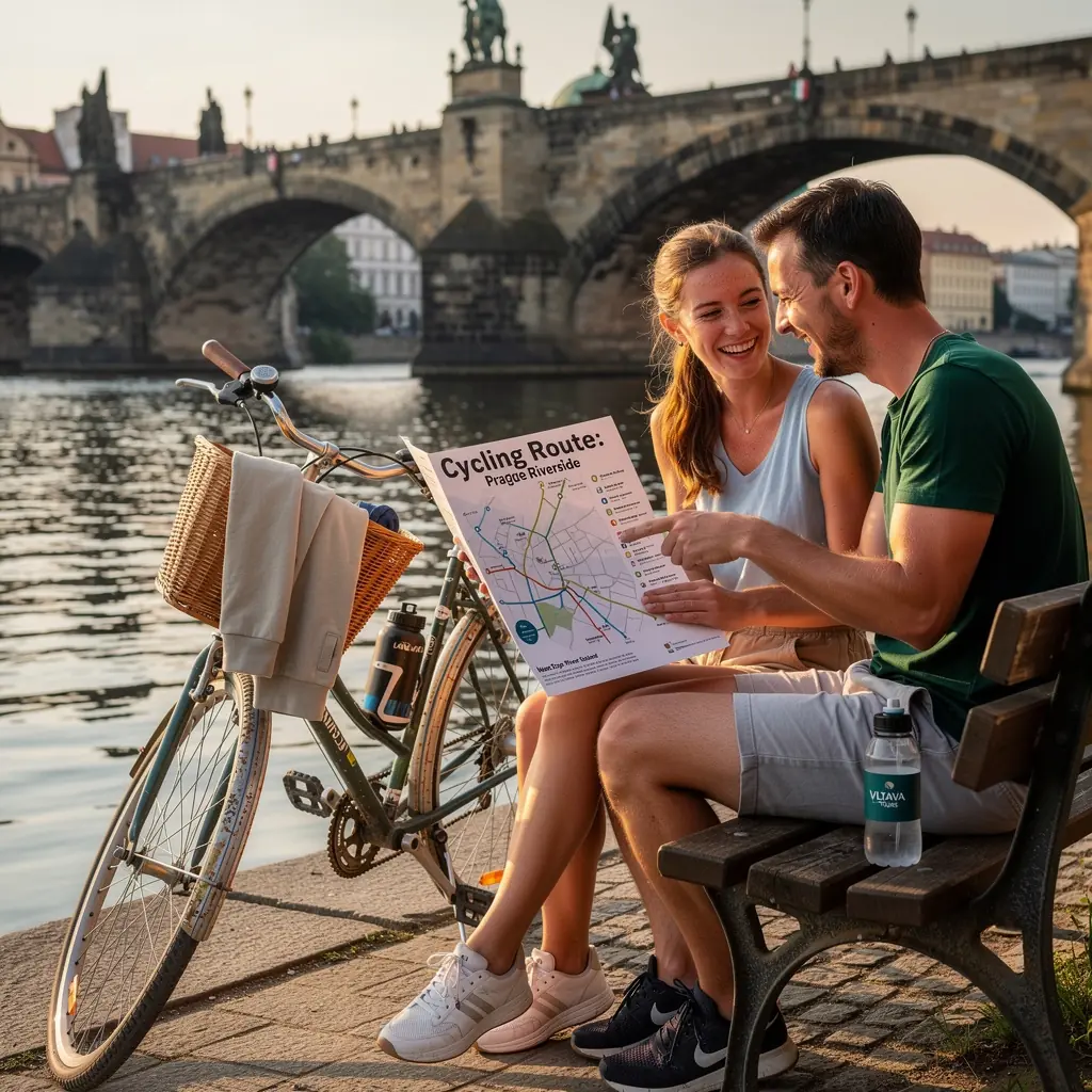 Záběr na malebné údolí s řekou a cyklisty projíždějícími mezi stromy.